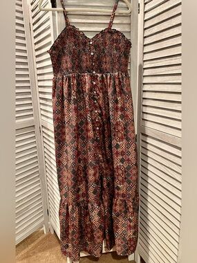 Cost Plus World Market Rust Diamond Print Smocked Maxi Dress